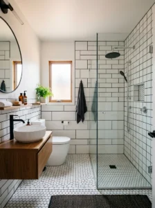 Mixed size white tiles with black grout