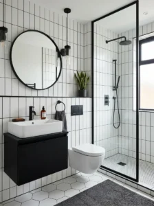 White tile bathroom with black fixtures