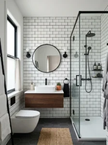 White tile bathroom with black grout modern clean design