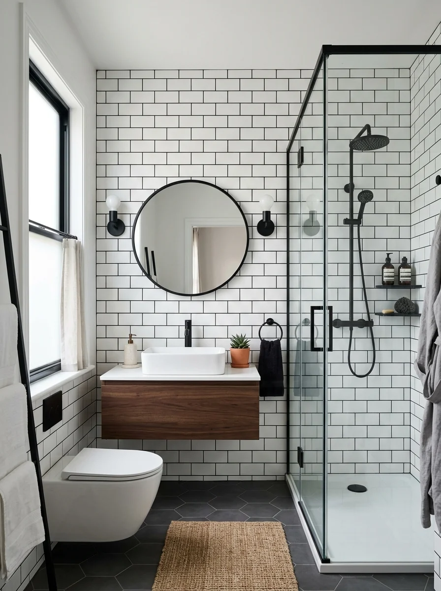 White tile bathroom with black grout modern clean design