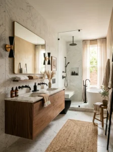 Marble bathroom with tan accents and black fixtures