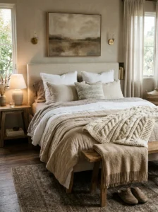 Layered bedding creating a cozy luxury bedroom look