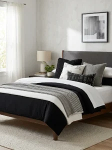 Black and white layered bedding setup