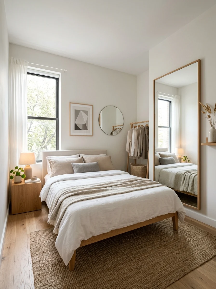 Small bedroom with neutral decor, mirror, and minimal furniture making space feel bigger
