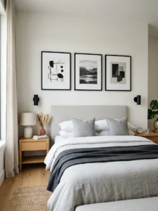 Black framed artwork in bedroom