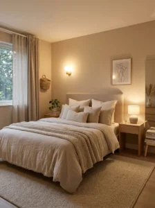 Neutral bedroom with soft beige wall paint creating a warm calming space
