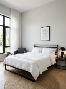 Black bed frame in modern bedroom
