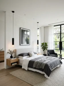 Black lighting fixtures in bedroom