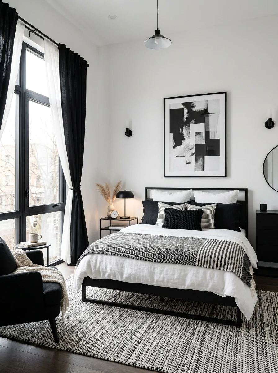 Modern black and white bedroom ideas with clean aesthetic design