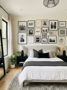 Black and white gallery wall bedroom