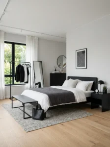 Minimal black furniture in modern bedroom