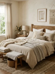 Mixed fabric textures adding depth to neutral bedroom decor