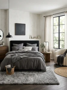 Mixed textures in black and white bedroom