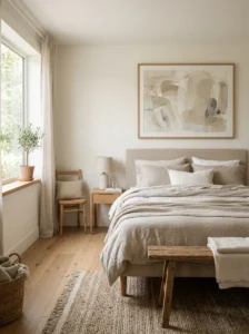 Neutral artwork in modern bedroom