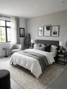 Black white and gray bedroom balance