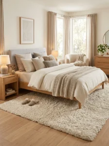 Plush rug adding warmth to bedroom