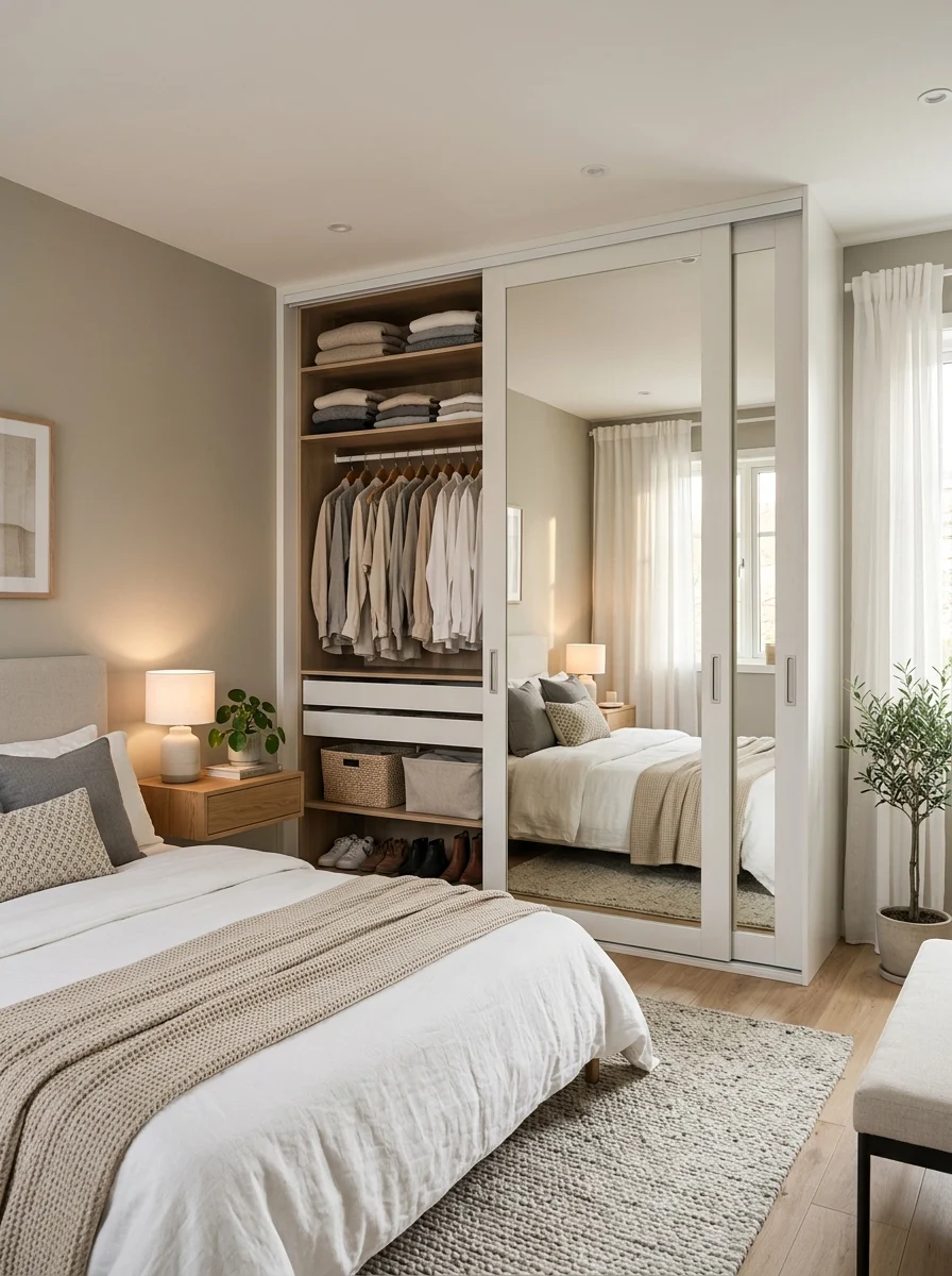 Modern bedroom wardrobe with sliding doors, mirror panels, and space-saving design