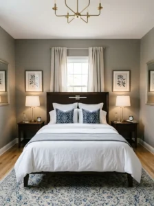 Symmetrical bedroom layout for calm design