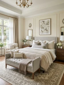 Upholstered bench in luxury bedroom