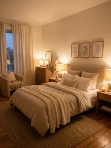 Warm ambient lighting creating a cozy neutral bedroom vibe