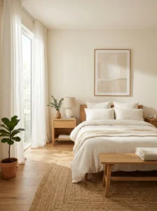 White curtains in modern bedroom