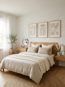 Neutral wall art with soft tones in a modern bedroom