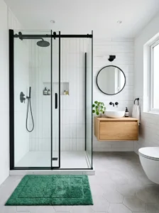 Black shower frame bathroom with white tiles and green mat