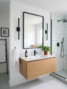 Black mirror white wall bathroom