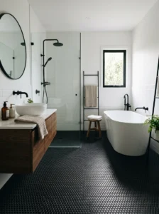 Black penny tile floor bathroom