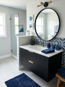 Black vanity with blue accents