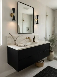 Black vanity with cream marble countertop bathroom design