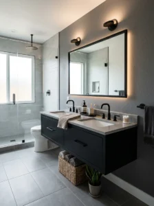 Black vanity grey wall bathroom