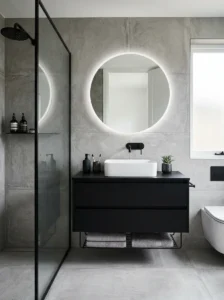 Sleek black vanity in modern bathroom