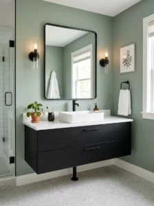 Black vanity bathroom with sage green wall background
