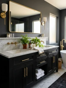 Black vanity bathroom with marble counter and green plant decor