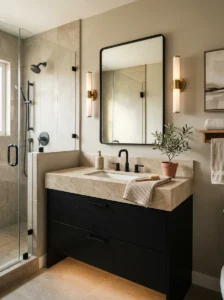 Black vanity bathroom with light tan countertop and modern design
