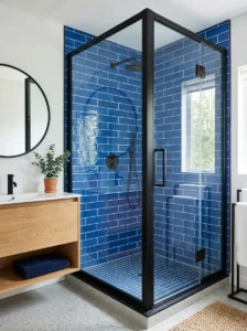 Blue shower tiles with black frame