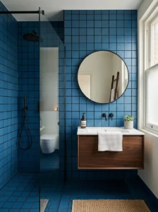 Blue tiles with black grout bathroom