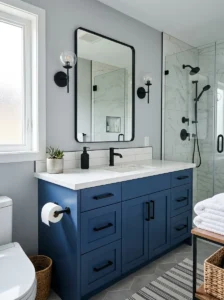 Blue vanity with black hardware