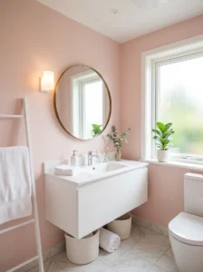 Blush pink bathroom with white accents