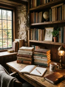 Books adding personality to rustic office