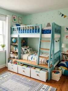 Bunk bed setup in boys bedroom