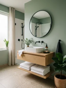Sage green and black bathroom with modern fixtures and calming spa-like design