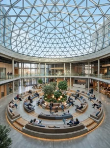 Circular layout in glass dome living room