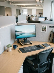Clean cubicle desk improving workspace focus