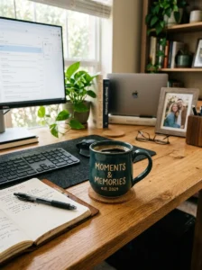Favorite mug adding personality to cubicle desk
