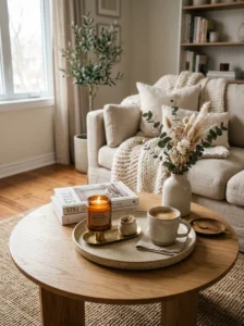 Coffee table styling with layered decor elements