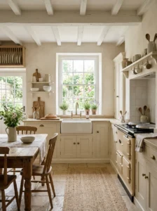 Soft neutral color palette in cottage kitchen creating warm space