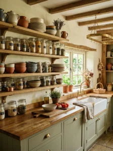 Open wooden shelving in cottage kitchen with simple decor