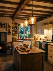Warm lighting creating cozy cottage kitchen ambiance